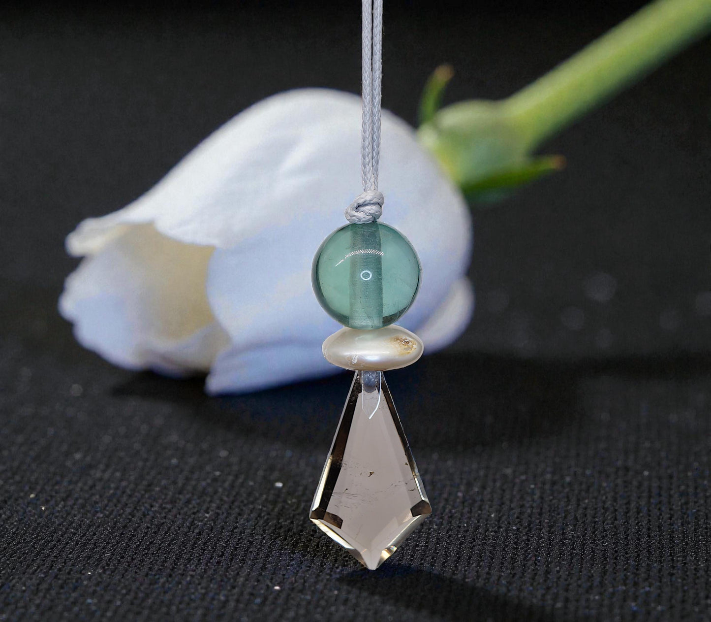 Smoky Quartz Green Fluorite Necklace - Crystal Point Pendant - Natural Pearl Accents - 30" Adjustable Leather - Chunky Healing #2076