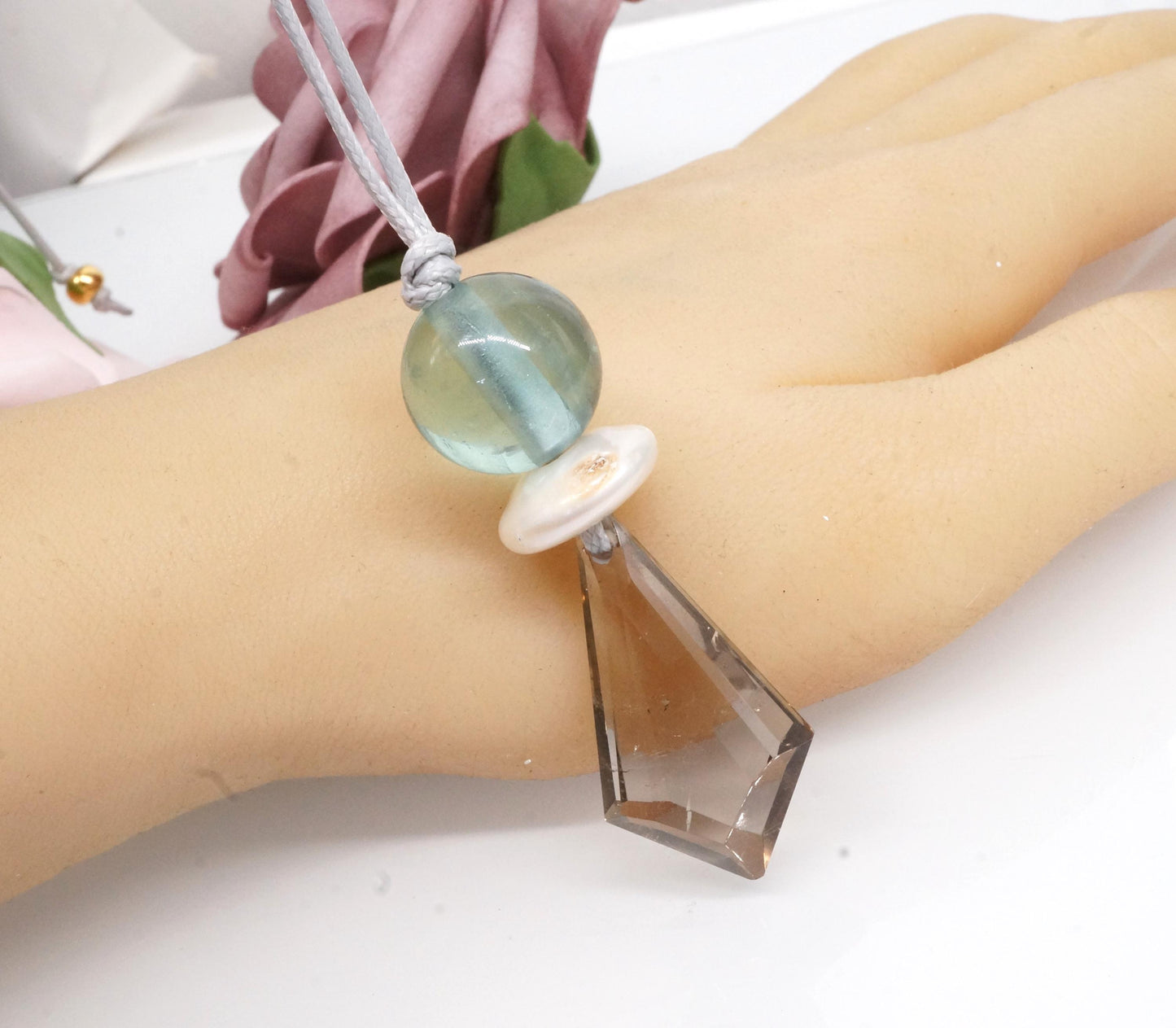 Smoky Quartz Green Fluorite Necklace - Crystal Point Pendant - Natural Pearl Accents - 30" Adjustable Leather - Chunky Healing #2076