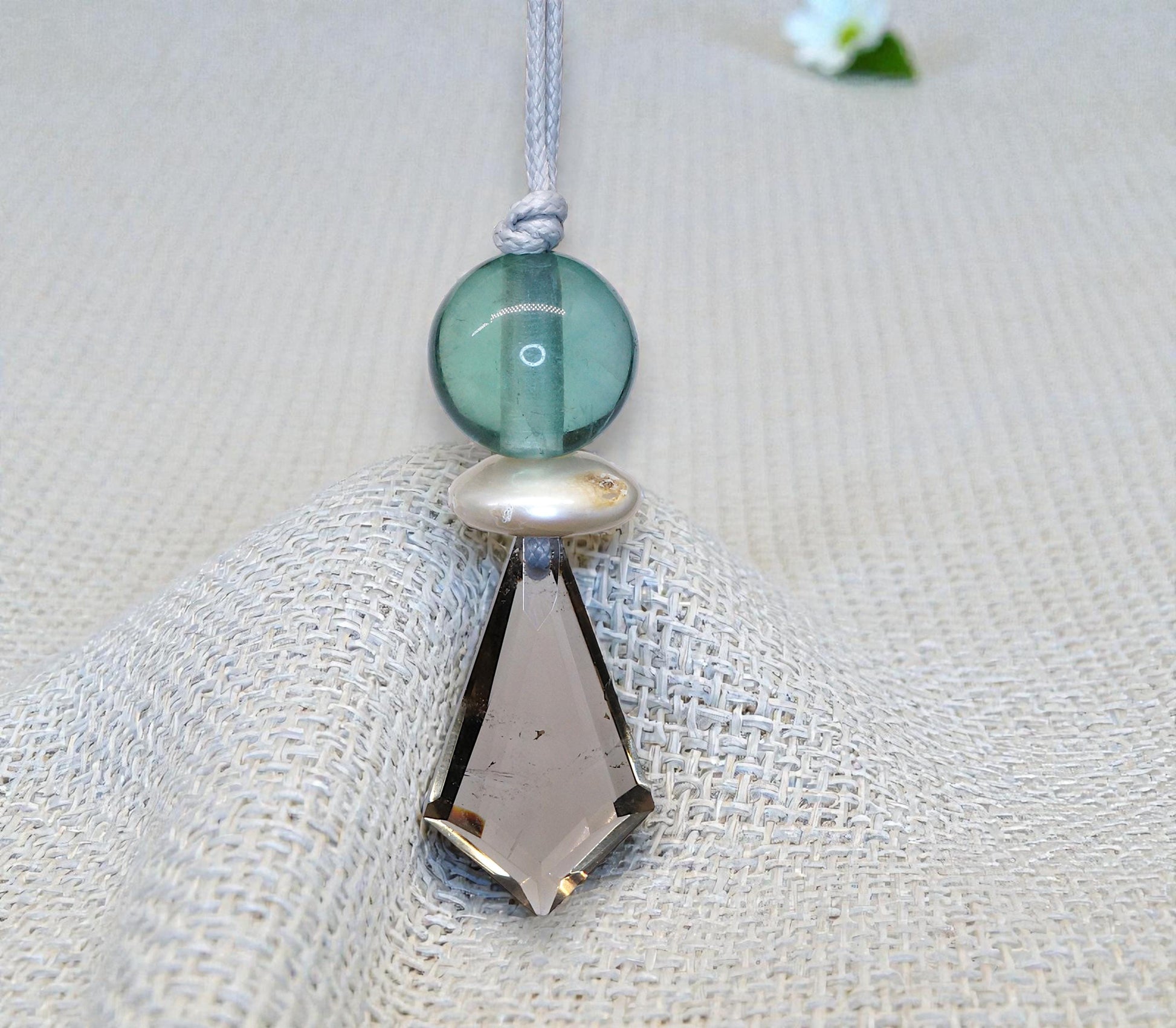 Smoky Quartz Green Fluorite Necklace - Crystal Point Pendant - Natural Pearl Accents - 30" Adjustable Leather - Chunky Healing #2076