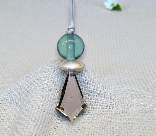 Smoky Quartz Green Fluorite Necklace - Crystal Point Pendant - Natural Pearl Accents - 30" Adjustable Leather - Chunky Healing #2076