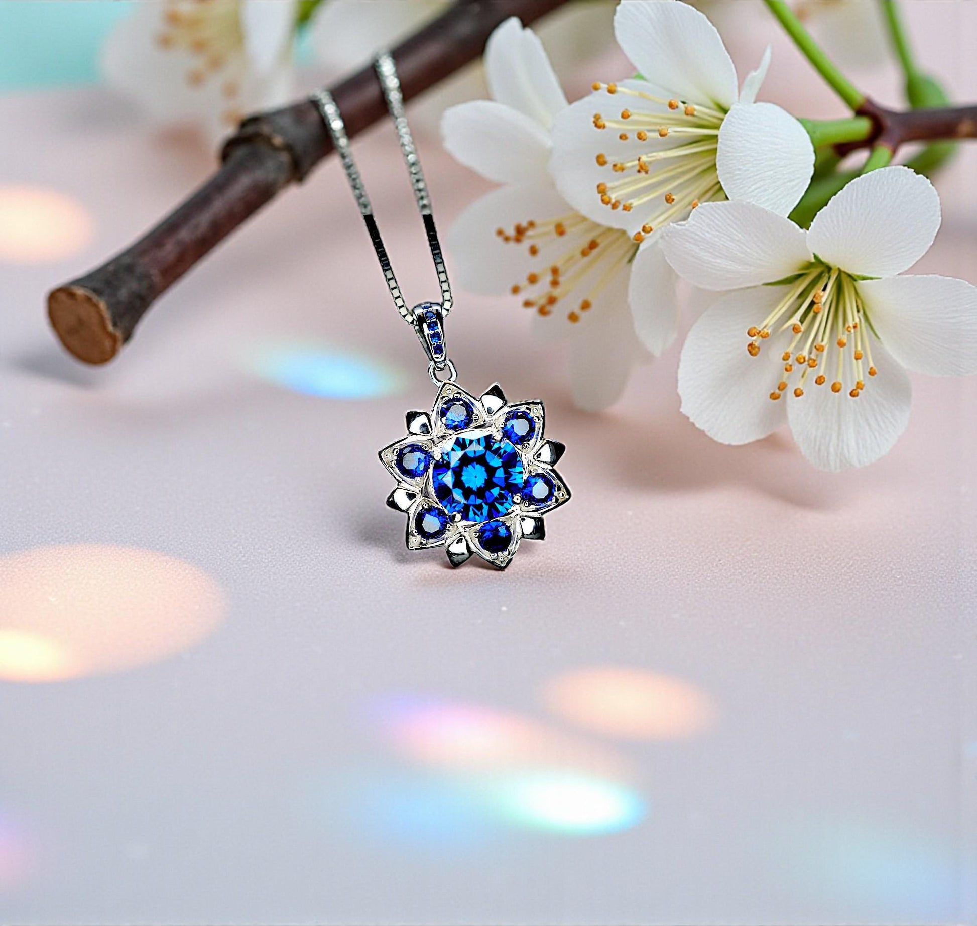 Blue Corundum @ Blue Sapphire Necklace - Blue Sapphire Pendant - 18KGP @ Sterling Silver - Unique Blue corundum 6 Petal Flower Necklace #695