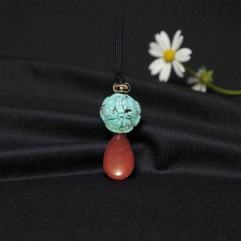 Carved Turquoise Flower & Red Jasper Totem Necklace - 20mm Carved Stone - 30" Adjustable Cord - Earthy Boho Chunky #2075