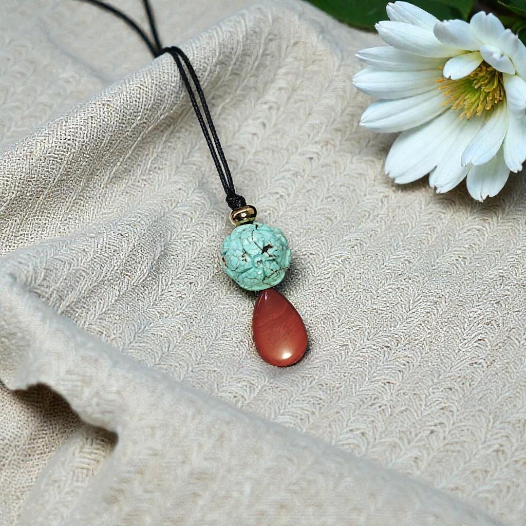 Carved Turquoise Flower & Red Jasper Totem Necklace - 20mm Carved Stone - 30" Adjustable Cord - Earthy Boho Chunky #2075