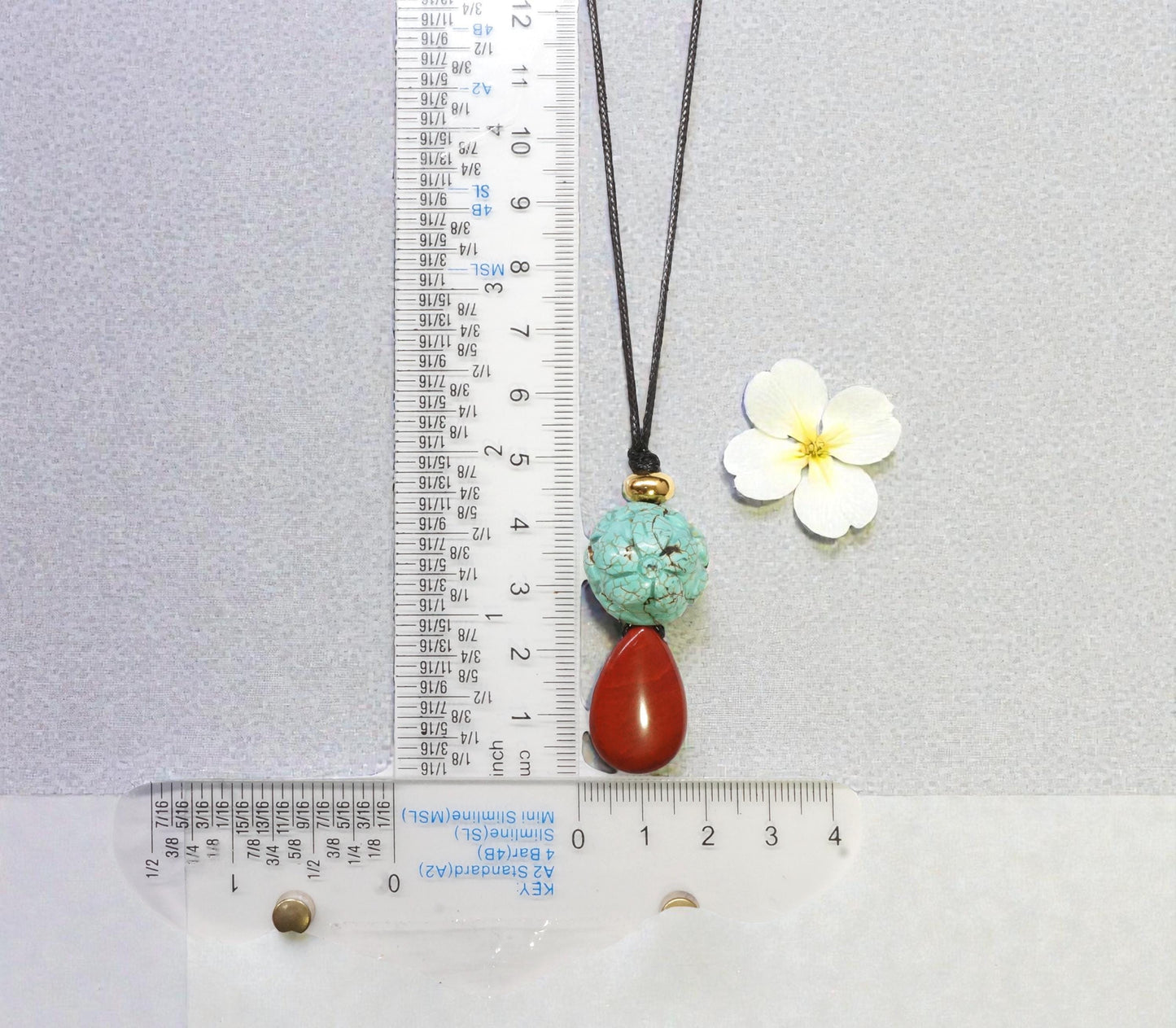 Carved Turquoise Flower & Red Jasper Totem Necklace - 20mm Carved Stone - 30" Adjustable Cord - Earthy Boho Chunky #2075