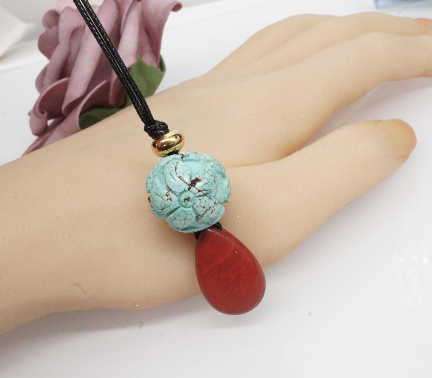 Carved Turquoise Flower & Red Jasper Totem Necklace - 20mm Carved Stone - 30" Adjustable Cord - Earthy Boho Chunky #2075