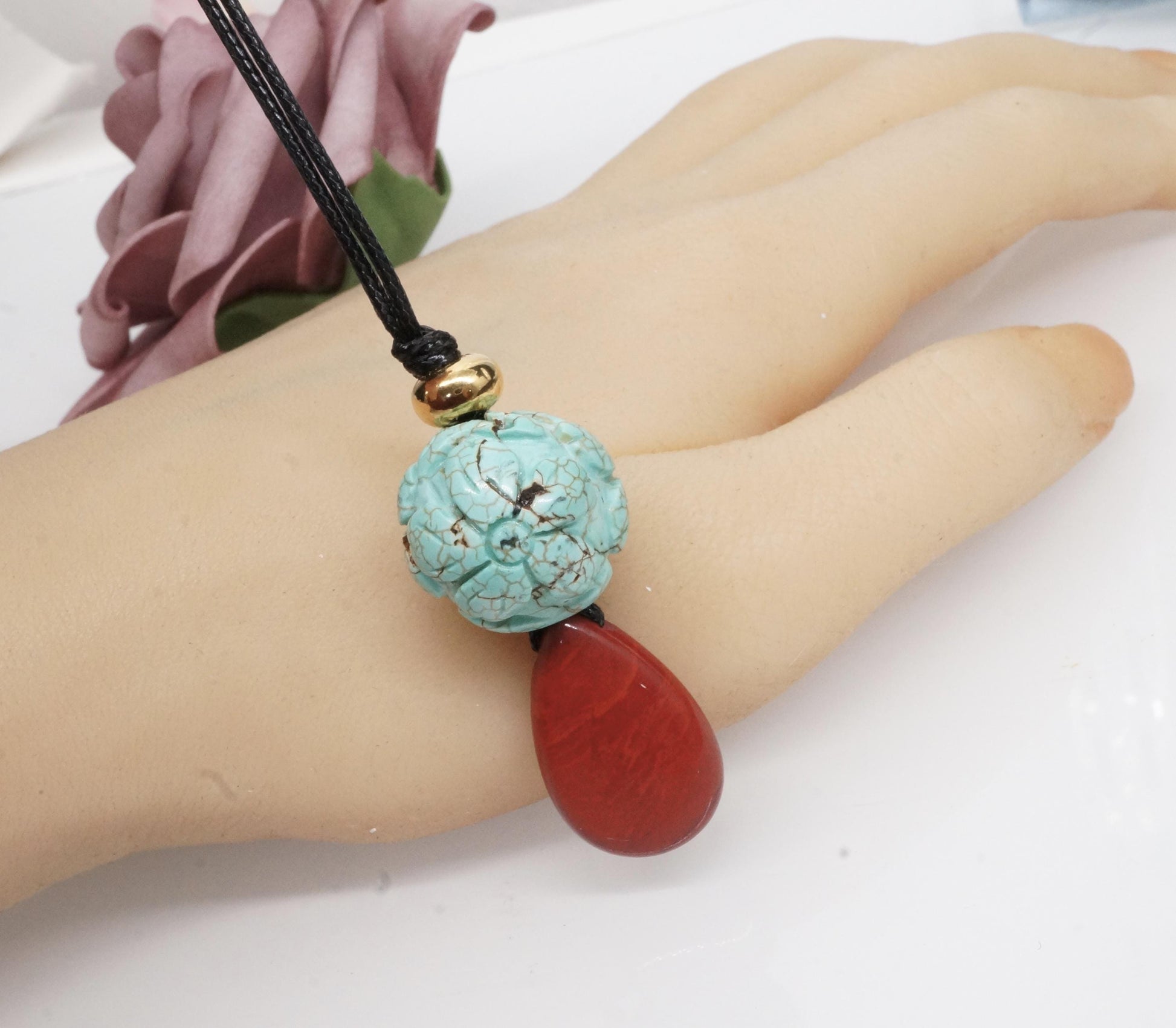 Carved Turquoise Flower & Red Jasper Totem Necklace - 20mm Carved Stone - 30" Adjustable Cord - Earthy Boho Chunky #2075