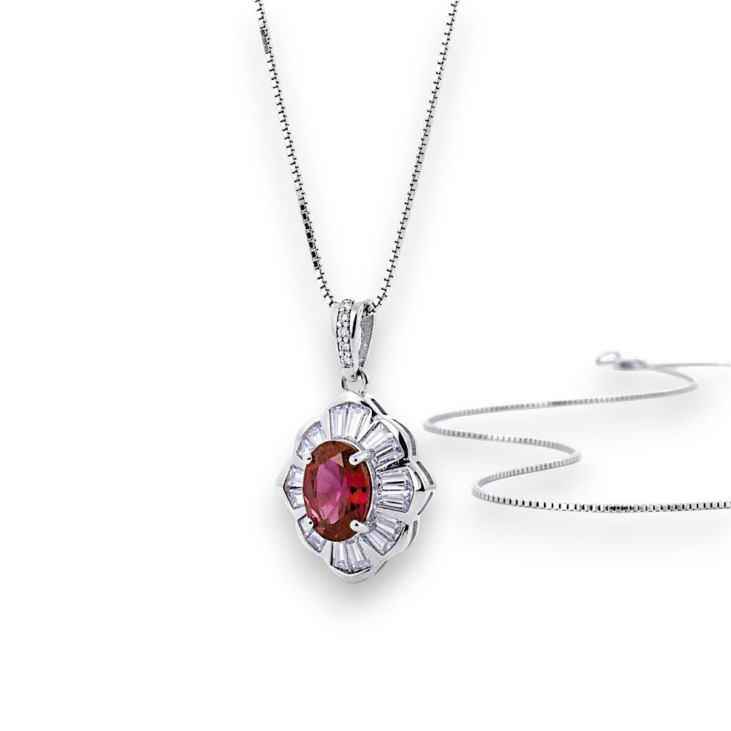 Lab Created Ruby Flower Necklace, 18k White Gold over Silver, Red Gemstone Floral Pendant, July Birthstone Chain 1146