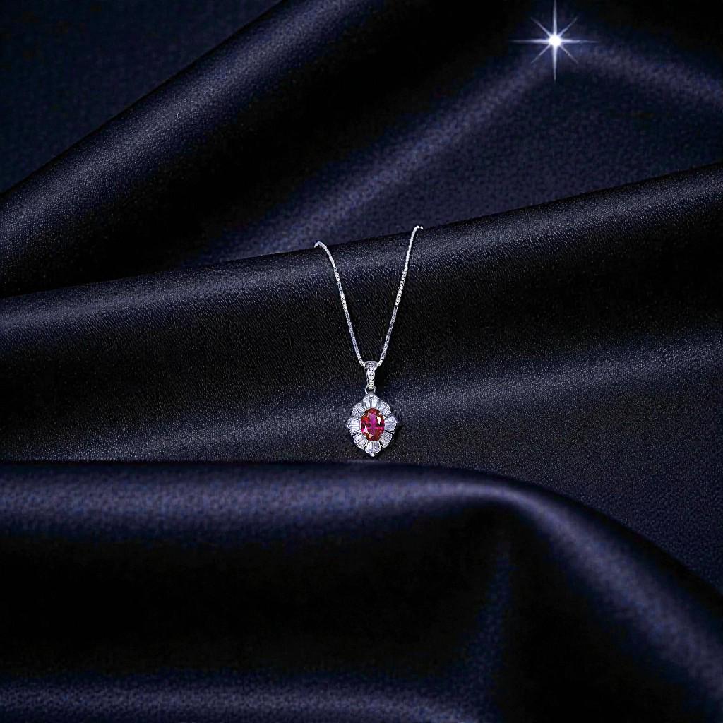 Lab Created Ruby Flower Necklace, 18k White Gold over Silver, Red Gemstone Floral Pendant, July Birthstone Chain 1146