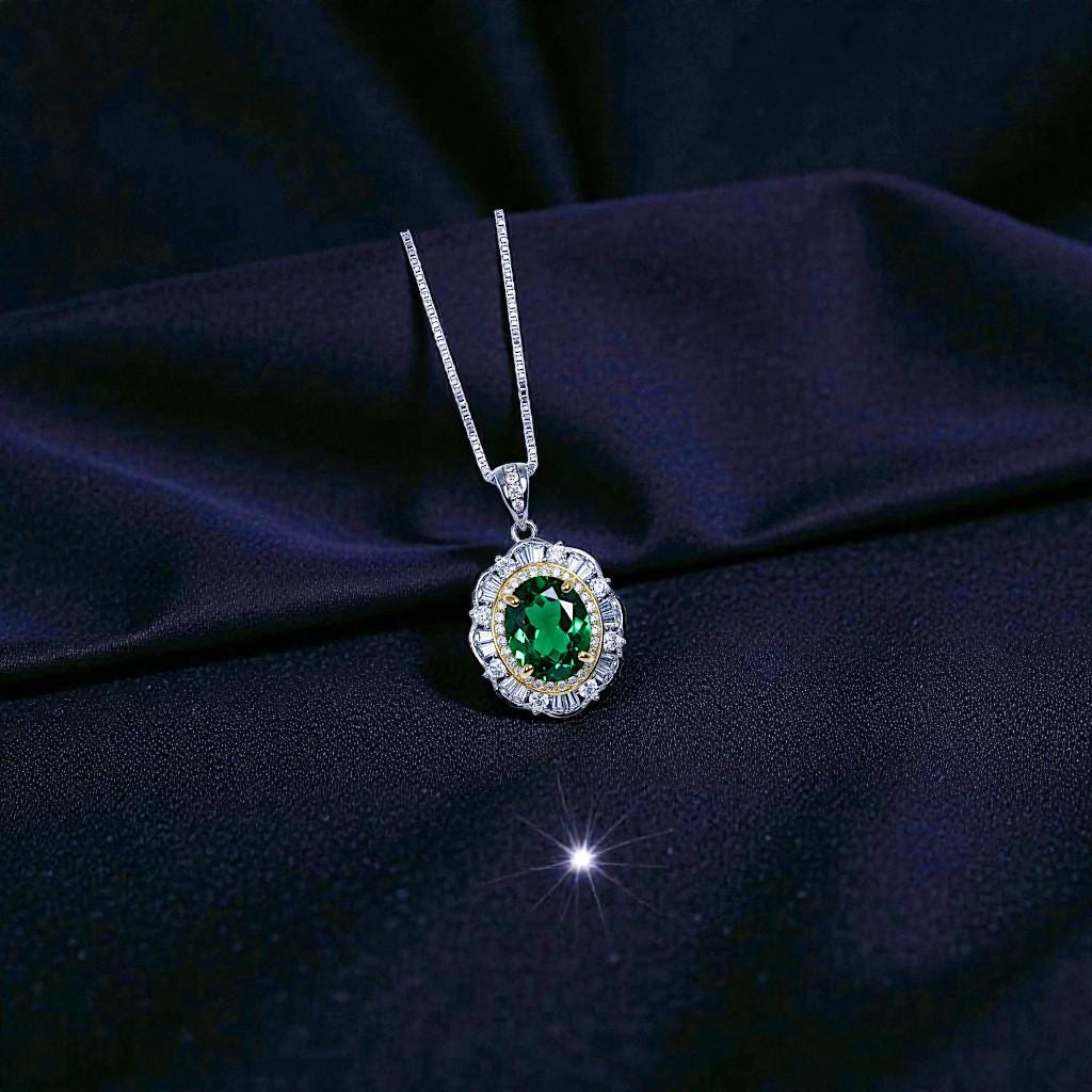 Emerald Necklace - 18KGP @ Sterling Silver - Gemstone Flower Emerald Pendant - May Birthstone Green Jewelry #622