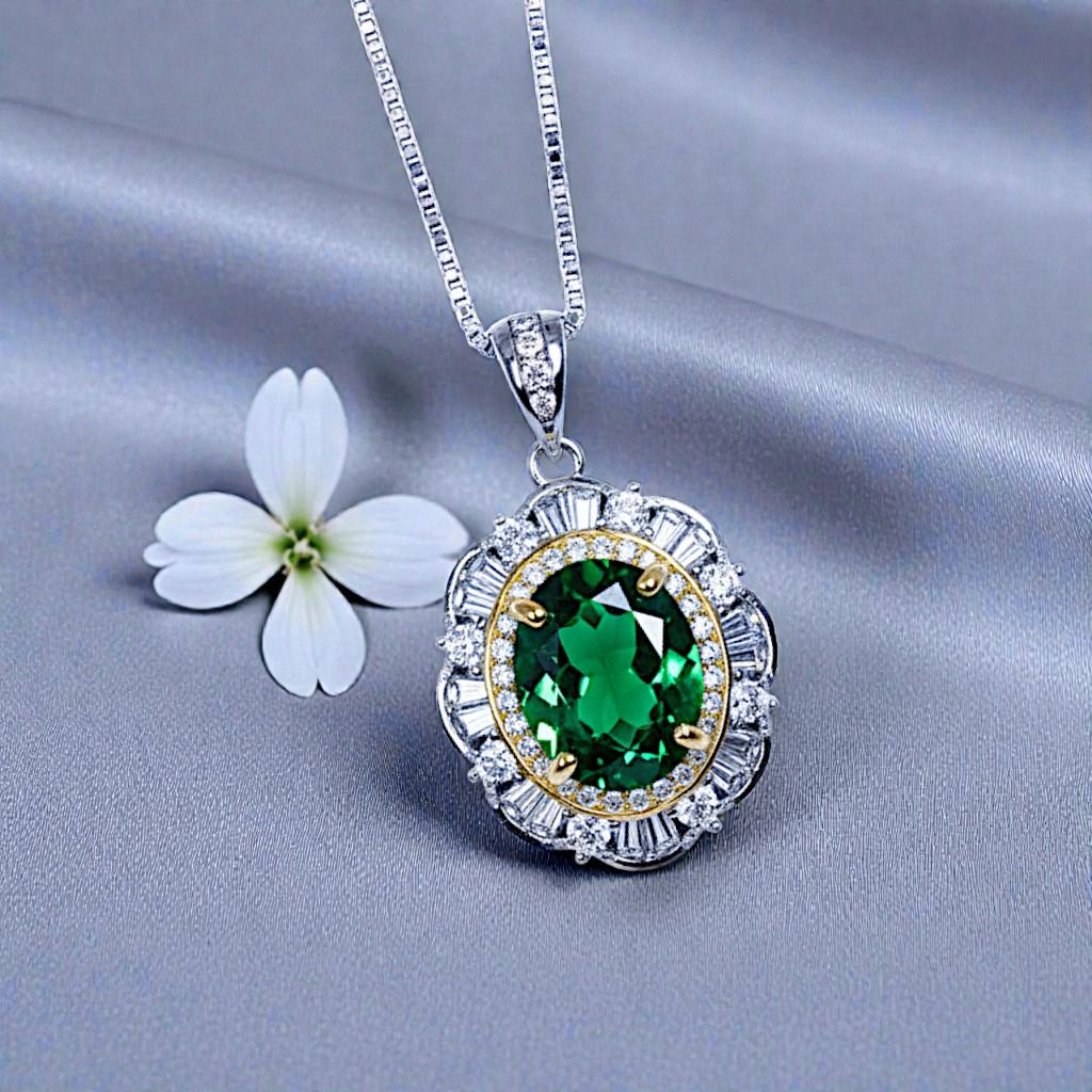 Emerald Necklace - 18KGP @ Sterling Silver - Gemstone Flower Emerald Pendant - May Birthstone Green Jewelry #622