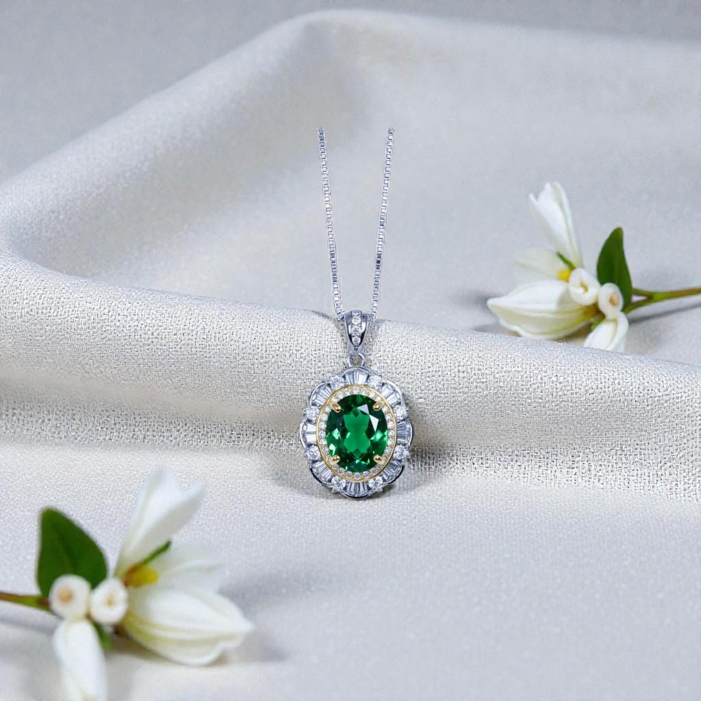 Emerald Necklace - 18KGP @ Sterling Silver - Gemstone Flower Emerald Pendant - May Birthstone Green Jewelry #622