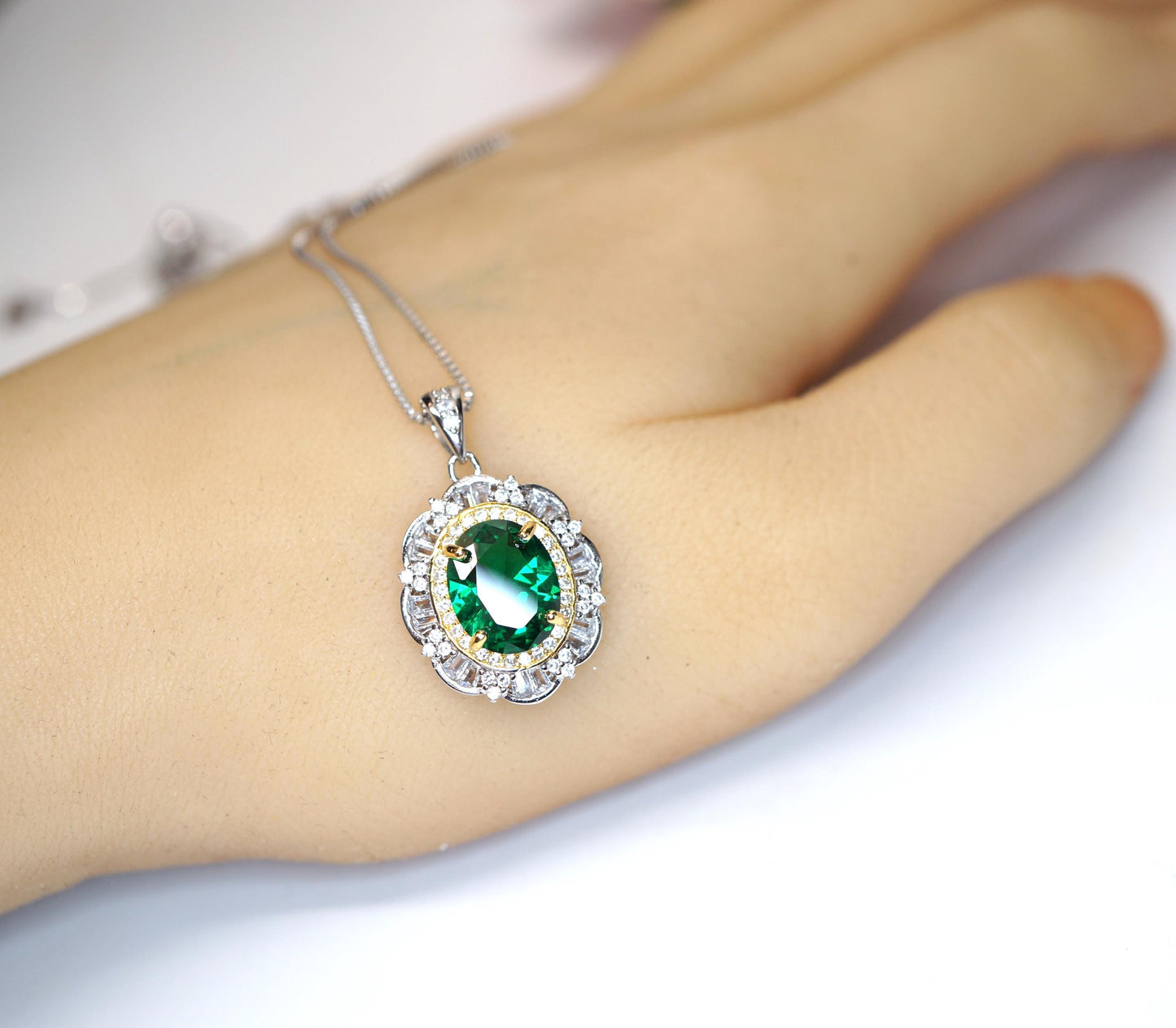 Emerald Necklace - 18KGP @ Sterling Silver - Gemstone Flower Emerald Pendant - May Birthstone Green Jewelry #622