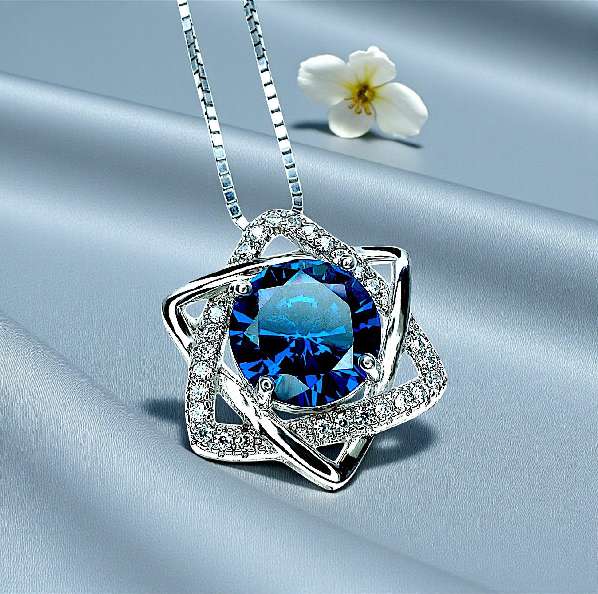 2 CT Blue Sapphire Necklace - Gemstone David Star Necklace - September Birthstone - Dainty Blue Sapphire Pendant #445