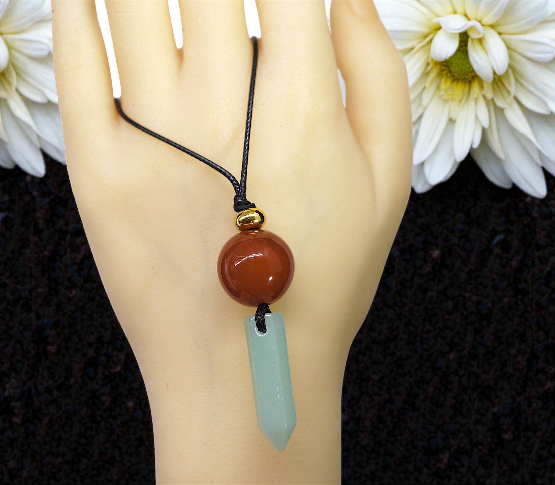 Green Aventurine & Red Carnelian Necklace, Natural Crystal Point Chunky Pendant, Adjustable Leather Cord, Energy Healing Jewelry #2071