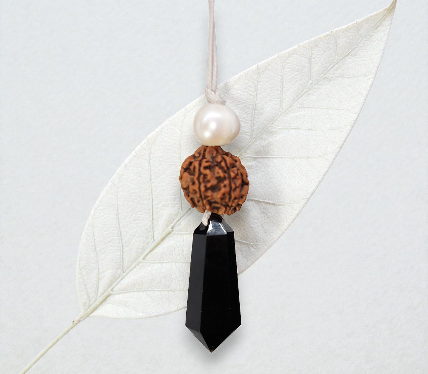 Black Obsidian Rudraksha Seed Necklace, Natural Pearl Chunky Pendant, Adjustable Leather Cord, Spiritual Prayer & Energy Jewelry #2070