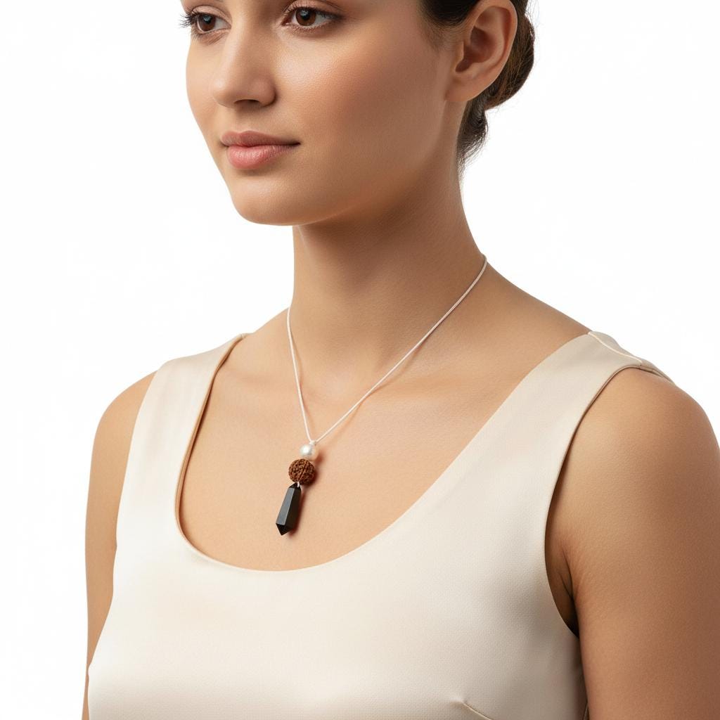 Black Obsidian Rudraksha Seed Necklace, Natural Pearl Chunky Pendant, Adjustable Leather Cord, Spiritual Prayer & Energy Jewelry #2070