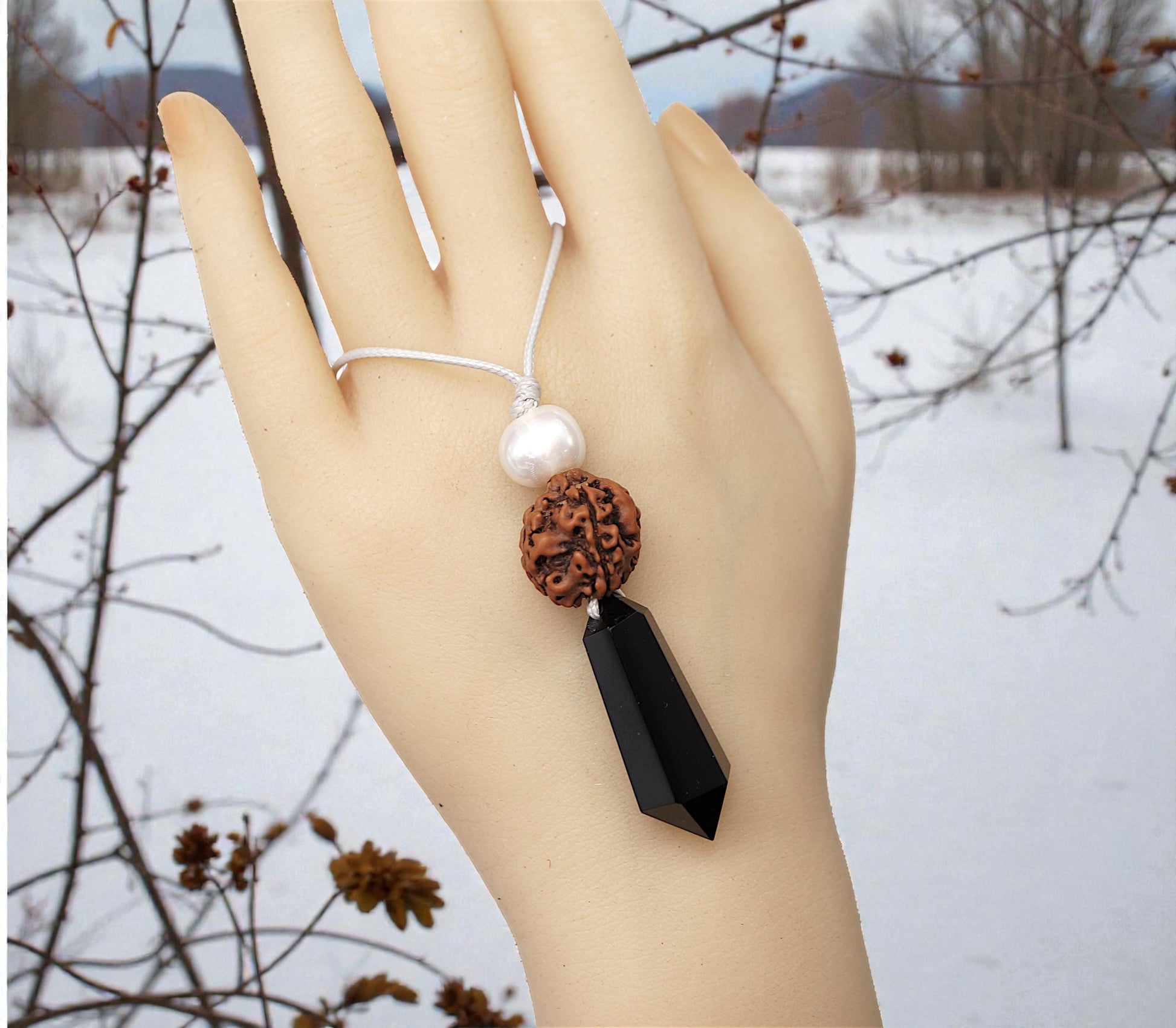 Black Obsidian Rudraksha Seed Necklace, Natural Pearl Chunky Pendant, Adjustable Leather Cord, Spiritual Prayer & Energy Jewelry #2070