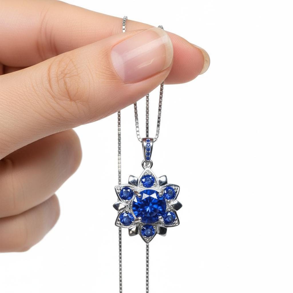 Blue Corundum @ Blue Sapphire Necklace - Blue Sapphire Pendant - 18KGP @ Sterling Silver - Unique Blue corundum 6 Petal Flower Necklace #695