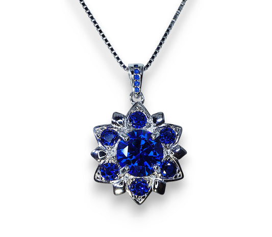 Blue Corundum @ Blue Sapphire Necklace - Blue Sapphire Pendant - 18KGP @ Sterling Silver - Unique Blue corundum 6 Petal Flower Necklace #695