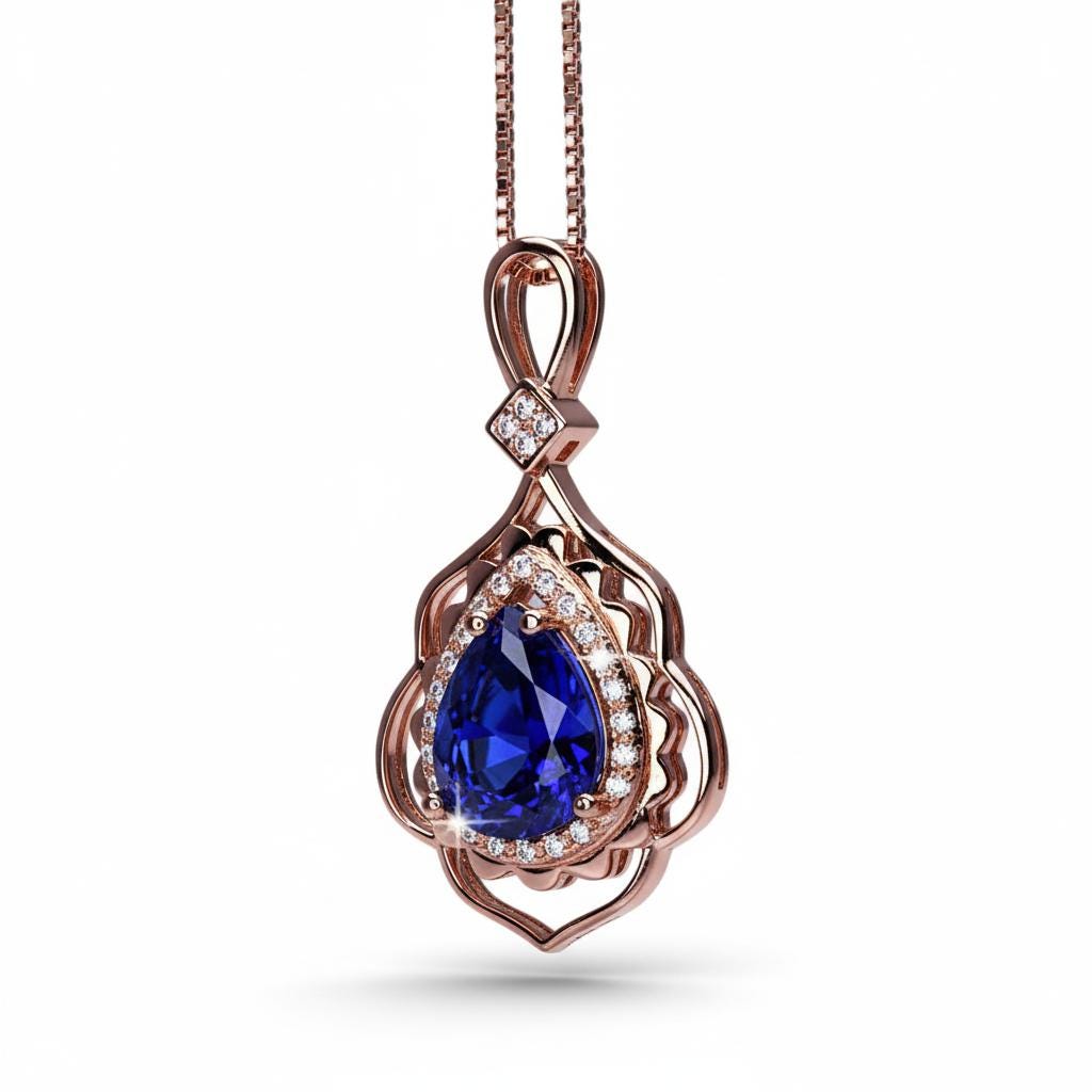Tanzanite Necklace - Rose Gold 925 Sterling Silver Gemstone Flower Petal Leaf Pear Lab Created Tanzanite Pendant Jewelry #708