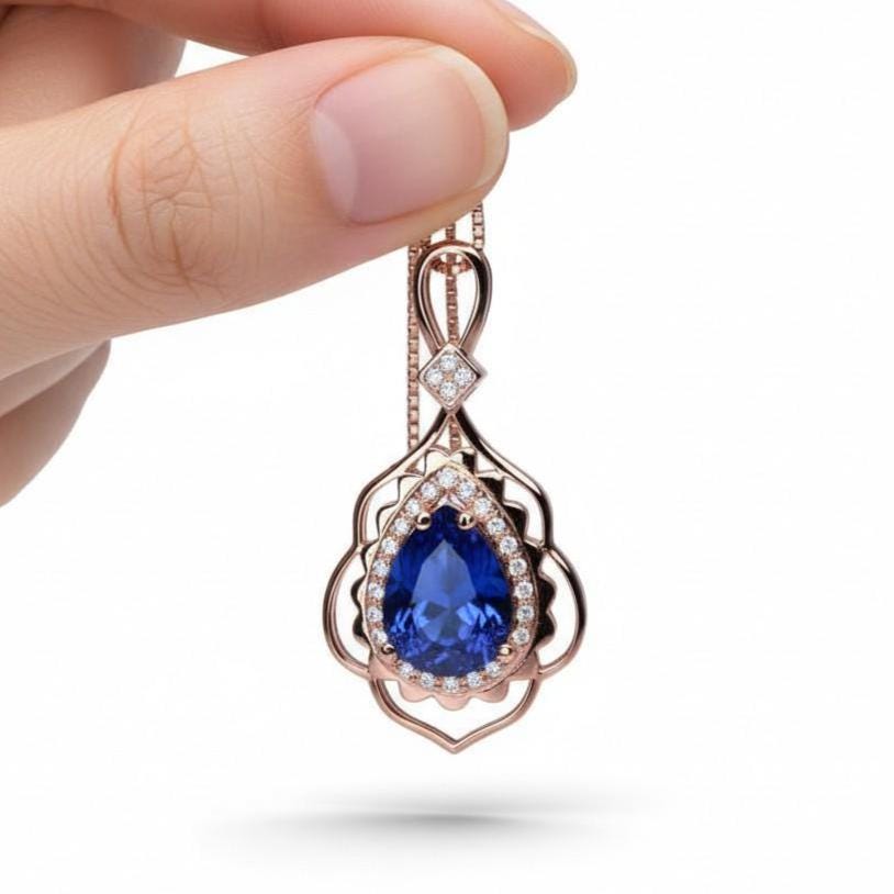 Tanzanite Necklace - Rose Gold 925 Sterling Silver Gemstone Flower Petal Leaf Pear Lab Created Tanzanite Pendant Jewelry #708