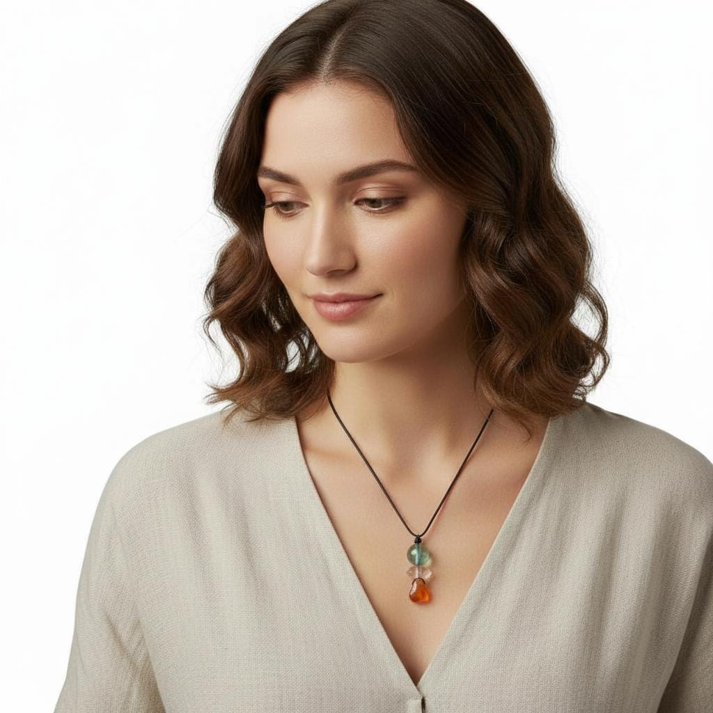 Natural Carnelian Fluorite Quartz Necklace, Zen Leather Cord Pendant, Chunky Geometric Crystal Jewelry, Boho Minimalist Gift for Her #2066