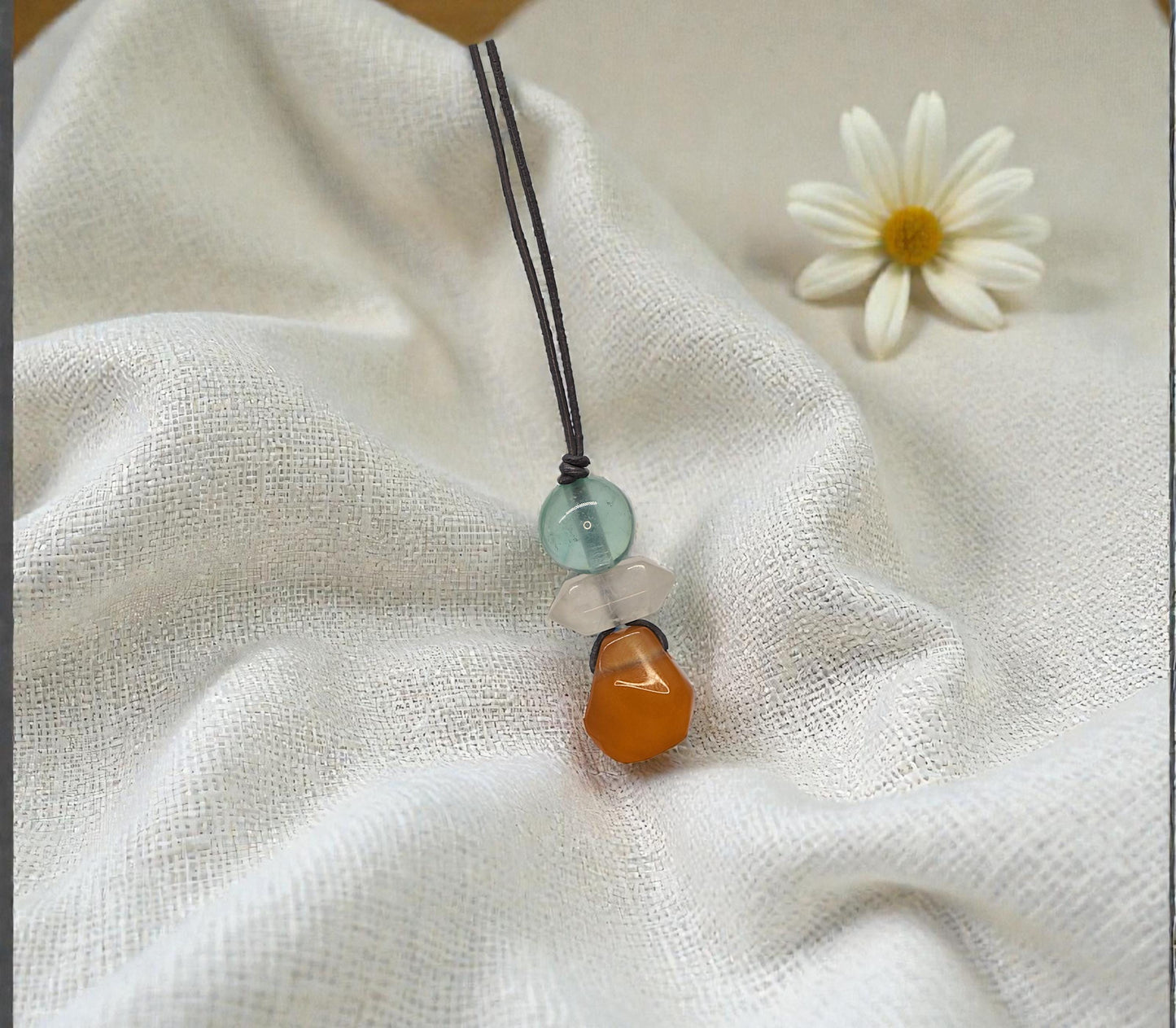 Natural Carnelian Fluorite Quartz Necklace, Zen Leather Cord Pendant, Chunky Geometric Crystal Jewelry, Boho Minimalist Gift for Her #2066