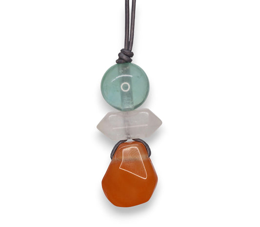 Natural Carnelian Fluorite Quartz Necklace, Zen Leather Cord Pendant, Chunky Geometric Crystal Jewelry, Boho Minimalist Gift for Her #2066