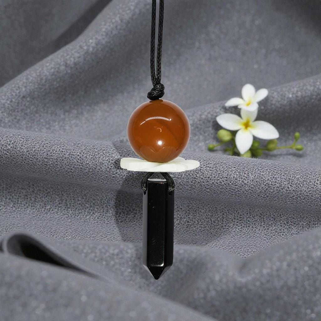 Natural Carnelian & Obsidian Point Necklace, Mother of Pearl Flower Zen Pendant, Chunky Energy Crystal, Adjustable Boho Jewelry Gift #2065