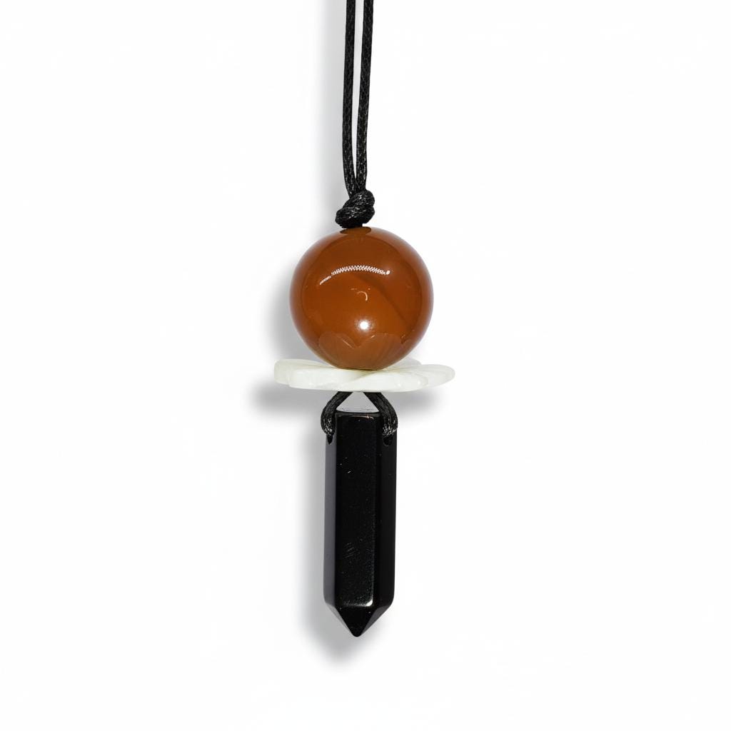 Natural Carnelian & Obsidian Point Necklace, Mother of Pearl Flower Zen Pendant, Chunky Energy Crystal, Adjustable Boho Jewelry Gift #2065