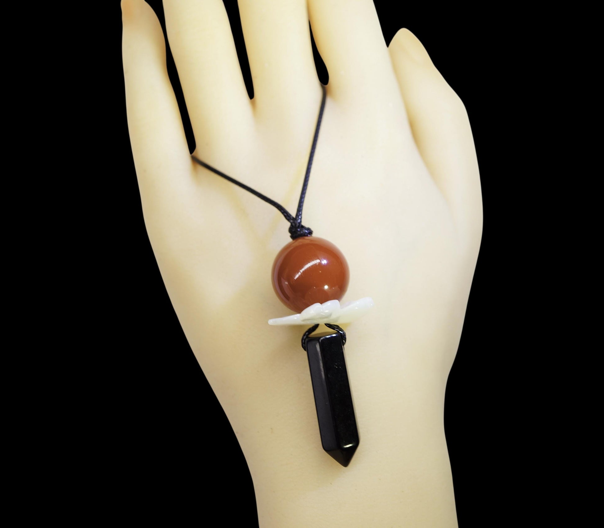 Natural Carnelian & Obsidian Point Necklace, Mother of Pearl Flower Zen Pendant, Chunky Energy Crystal, Adjustable Boho Jewelry Gift #2065