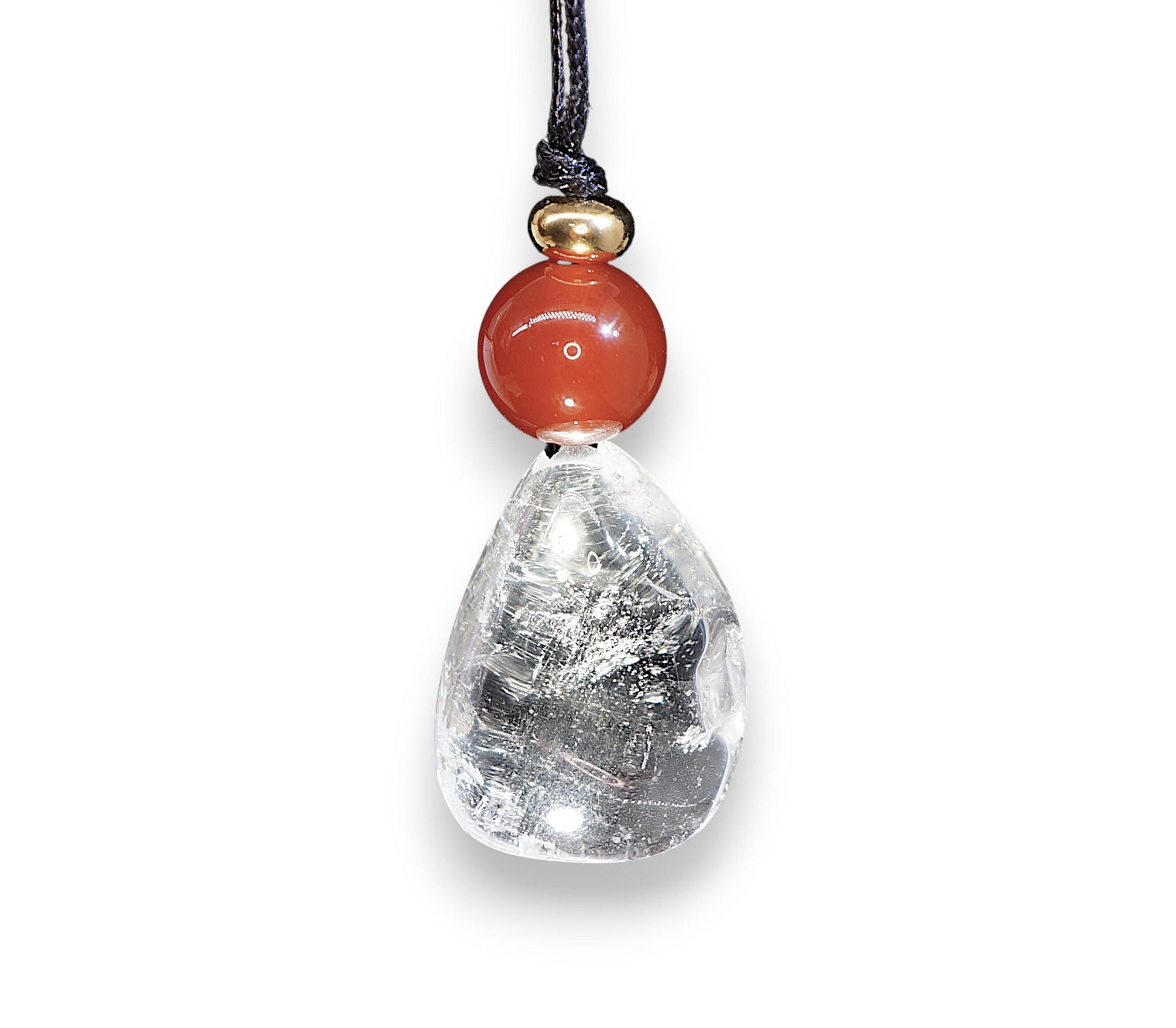 Clear Quartz Red Carnelian Necklace, 18K Gold Bead Zen Pendant, Chunky Geometric Energy Stone, Unisex Boho Crystal Jewelry Gift #2064