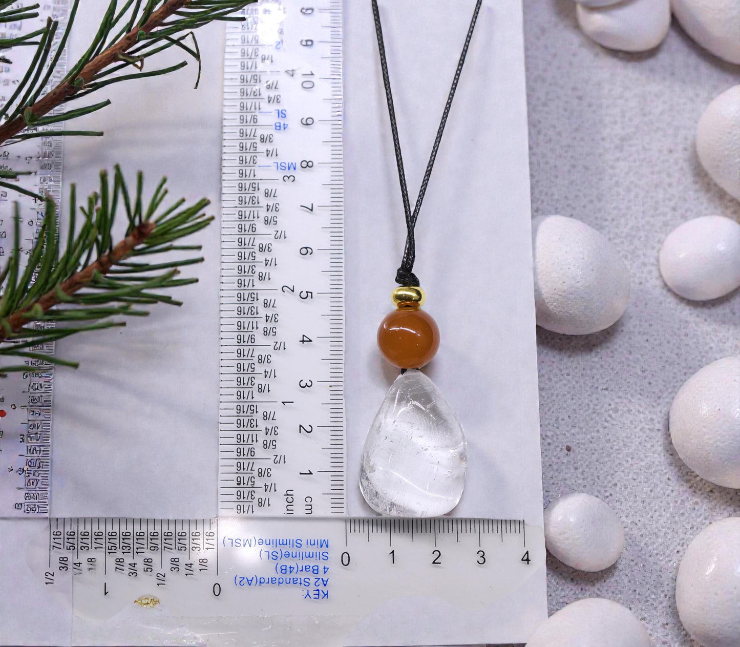 Clear Quartz Red Carnelian Necklace, 18K Gold Bead Zen Pendant, Chunky Geometric Energy Stone, Unisex Boho Crystal Jewelry Gift #2064