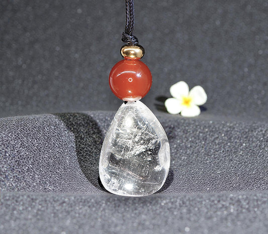 Clear Quartz Red Carnelian Necklace, 18K Gold Bead Zen Pendant, Chunky Geometric Energy Stone, Unisex Boho Crystal Jewelry Gift #2064