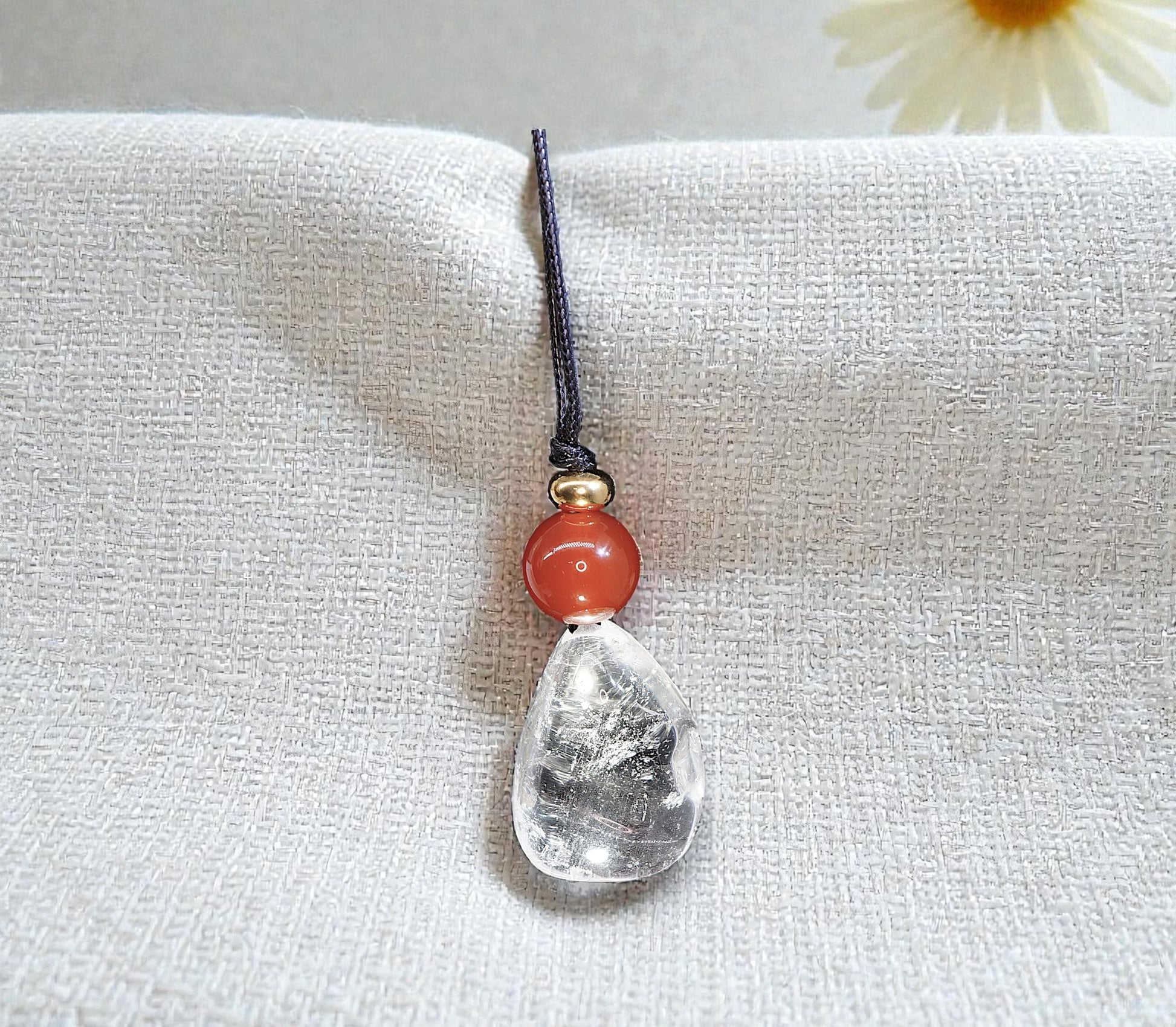 Clear Quartz Red Carnelian Necklace, 18K Gold Bead Zen Pendant, Chunky Geometric Energy Stone, Unisex Boho Crystal Jewelry Gift #2064