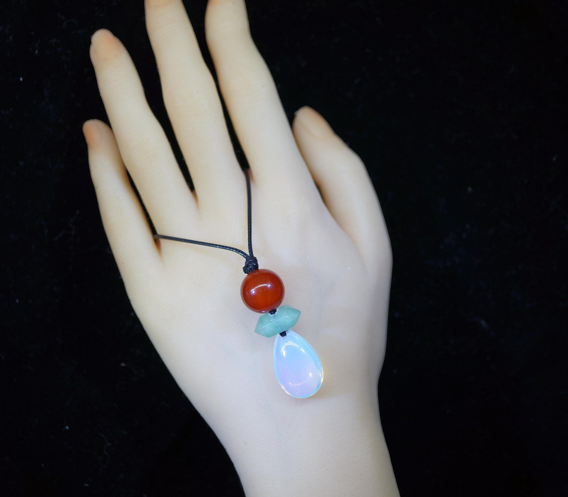 Natural Opal Teardrop & Carnelian Necklace, Green Aventurine Zen Pendant, Chunky Geometric Jewelry, Adjustable Boho Crystal Gift #2062