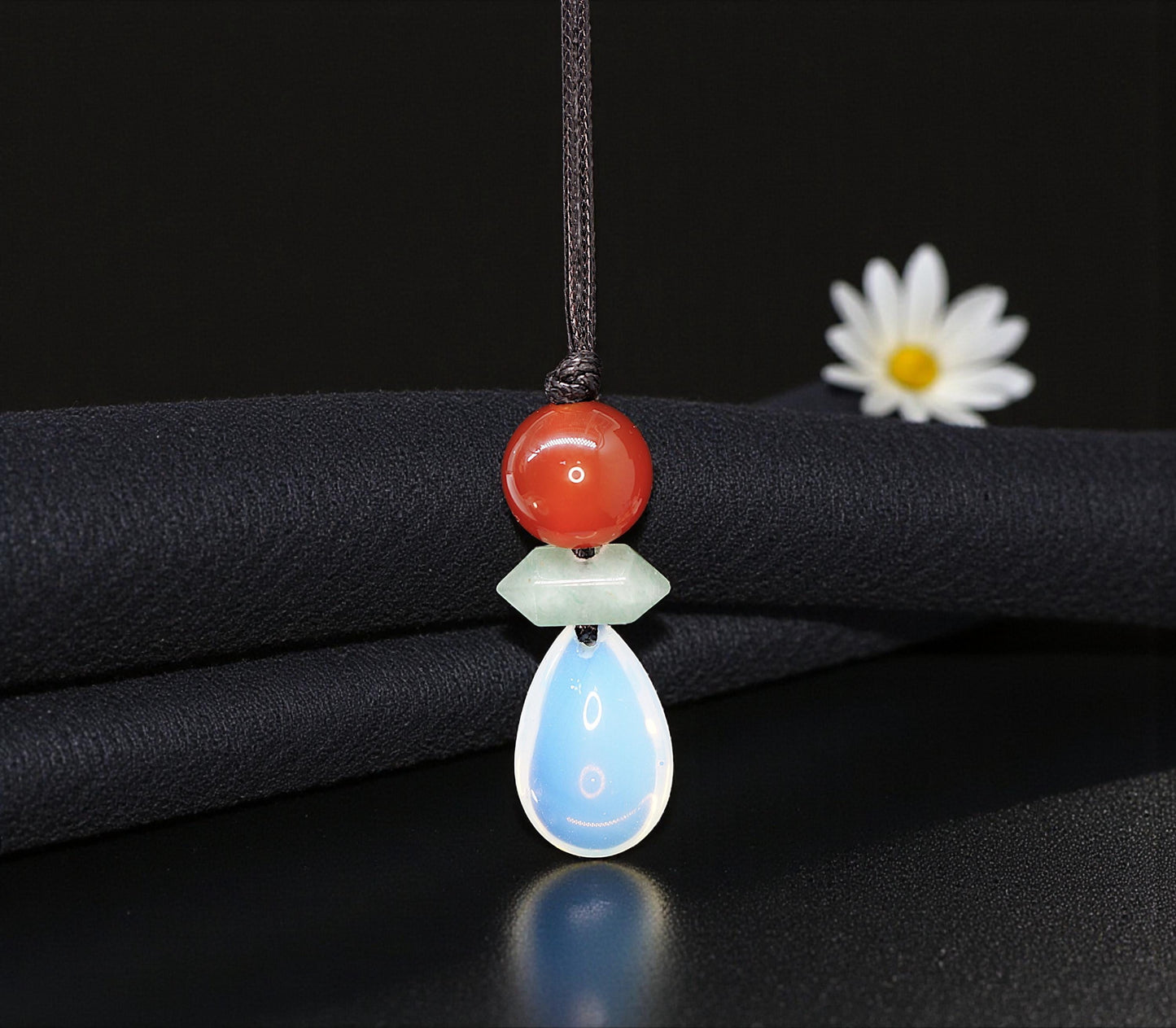 Natural Opal Teardrop & Carnelian Necklace, Green Aventurine Zen Pendant, Chunky Geometric Jewelry, Adjustable Boho Crystal Gift #2062