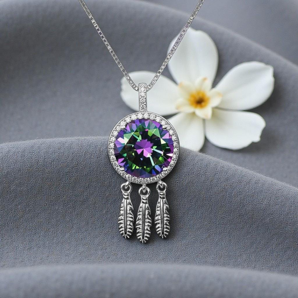Large Mystic Topaz Necklace 6 CT Rainbow Gemstone Dream catcher jewelry Sterling Silver White Gold Plated Solitaire #1134