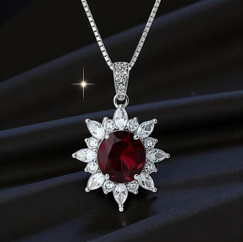 Sterling Silver Red Ruby Necklace 8mm 2CT Pigeon's blood Ruby Pendant 18k @ Sterling silver July Birthstone #1135
