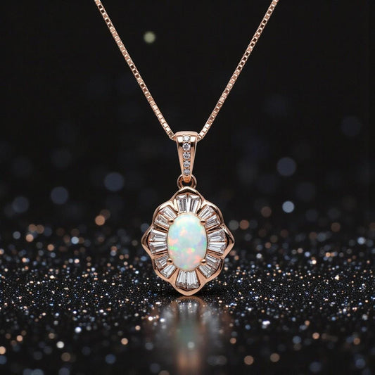 Opal Necklace - Tiny White Opal Rose gold 18KGP @ Sterling Silver - Small Gemstone flower style Opal Jewelry #308