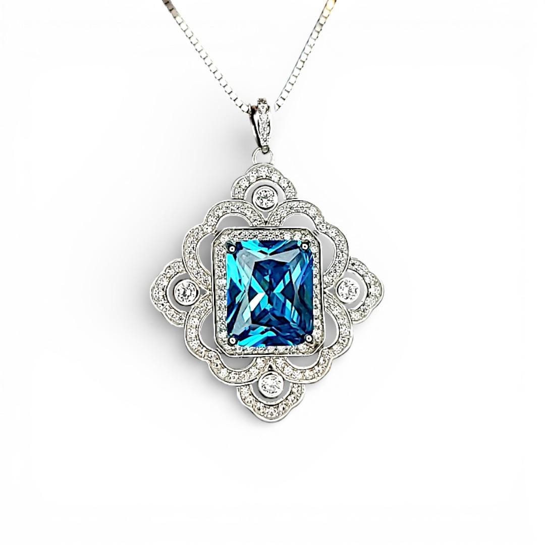 Large Blue Topaz Necklace - Faceted Rectangle 5 CT Swiss Blue Topaz Pendant - Gemstone Flower of Prosperity - 18kGP Sterling Silver #893
