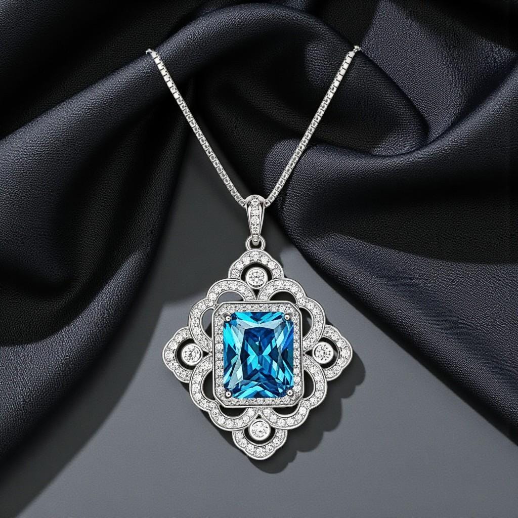 Large Blue Topaz Necklace - Faceted Rectangle 5 CT Swiss Blue Topaz Pendant - Gemstone Flower of Prosperity - 18kGP Sterling Silver #893