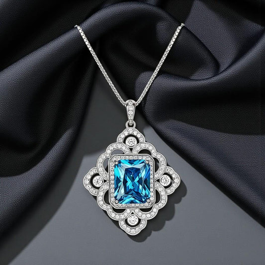 Large Blue Topaz Necklace - Faceted Rectangle 5 CT Swiss Blue Topaz Pendant - Gemstone Flower of Prosperity - 18kGP Sterling Silver #893