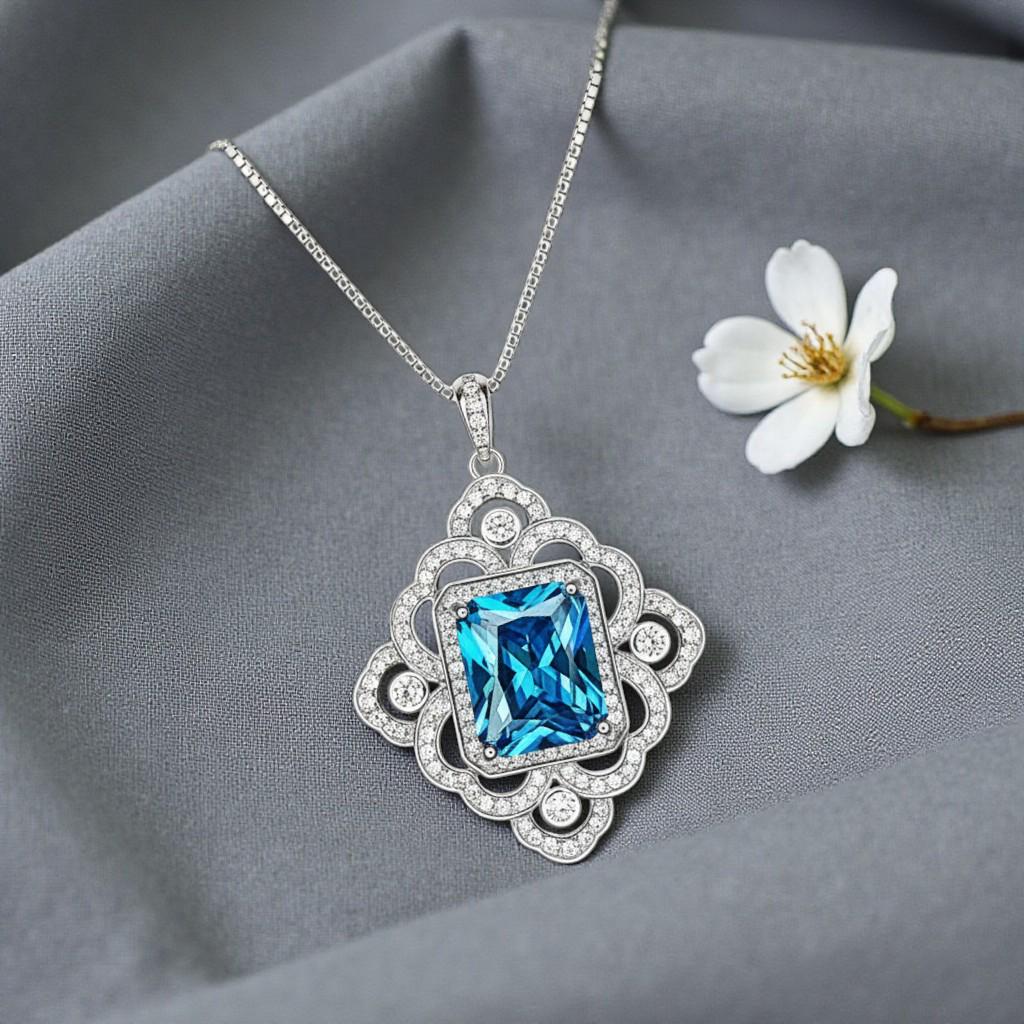 Large Blue Topaz Necklace - Faceted Rectangle 5 CT Swiss Blue Topaz Pendant - Gemstone Flower of Prosperity - 18kGP Sterling Silver #893