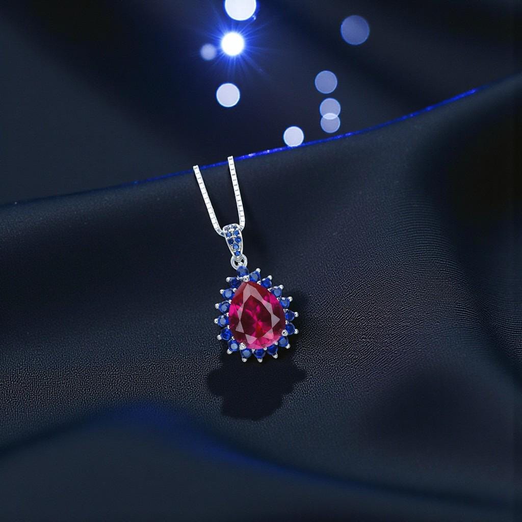 Luxury Teardrop Ruby Necklace - Blue Sapphire Halo Pear Cut 3.75 CT Large Ruby Pendant - 18KGP @ Sterling Silver #589