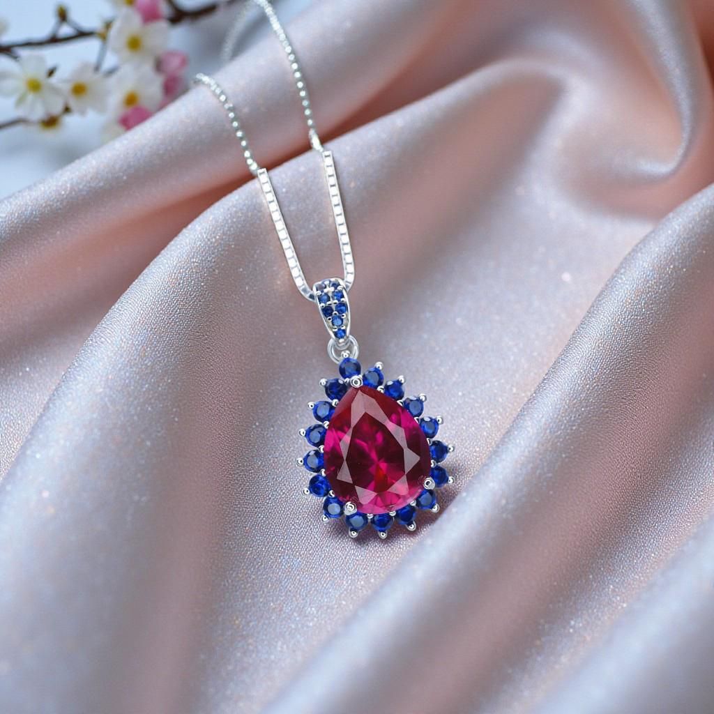 Luxury Teardrop Ruby Necklace - Blue Sapphire Halo Pear Cut 3.75 CT Large Ruby Pendant - 18KGP @ Sterling Silver #589