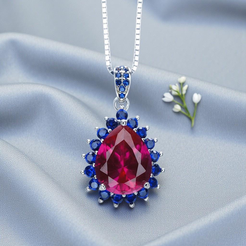 Luxury Teardrop Ruby Necklace - Blue Sapphire Halo Pear Cut 3.75 CT Large Ruby Pendant - 18KGP @ Sterling Silver #589