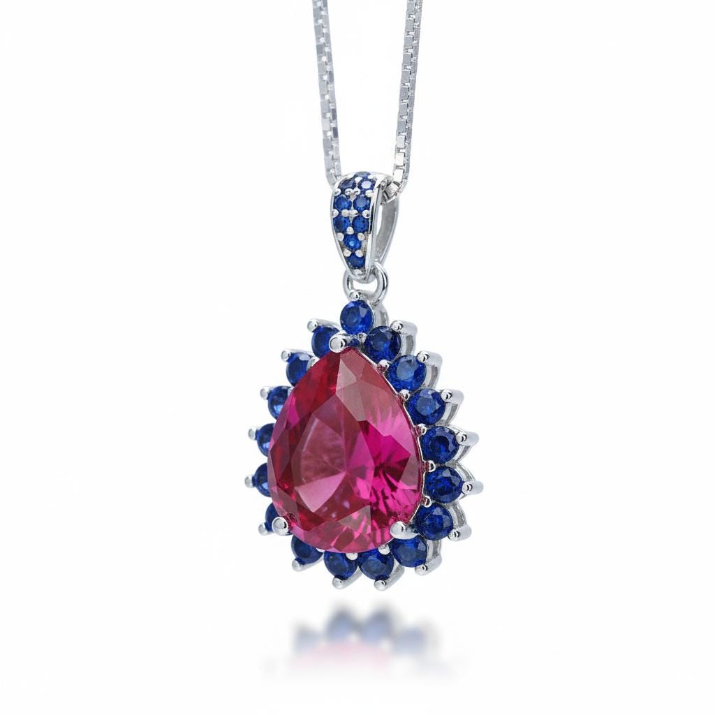 Luxury Teardrop Ruby Necklace - Blue Sapphire Halo Pear Cut 3.75 CT Large Ruby Pendant - 18KGP @ Sterling Silver #589