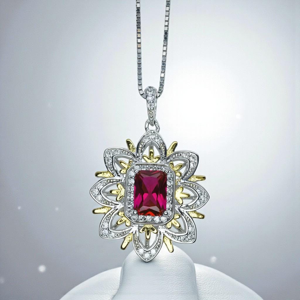 Ruby Necklace -Water Lily Flower Pendant - White Plated Sterling Silver - 1 CT Ruby Pendant - Goddess Athena Necklace #560