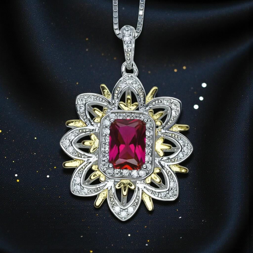 Ruby Necklace -Water Lily Flower Pendant - White Plated Sterling Silver - 1 CT Ruby Pendant - Goddess Athena Necklace #560
